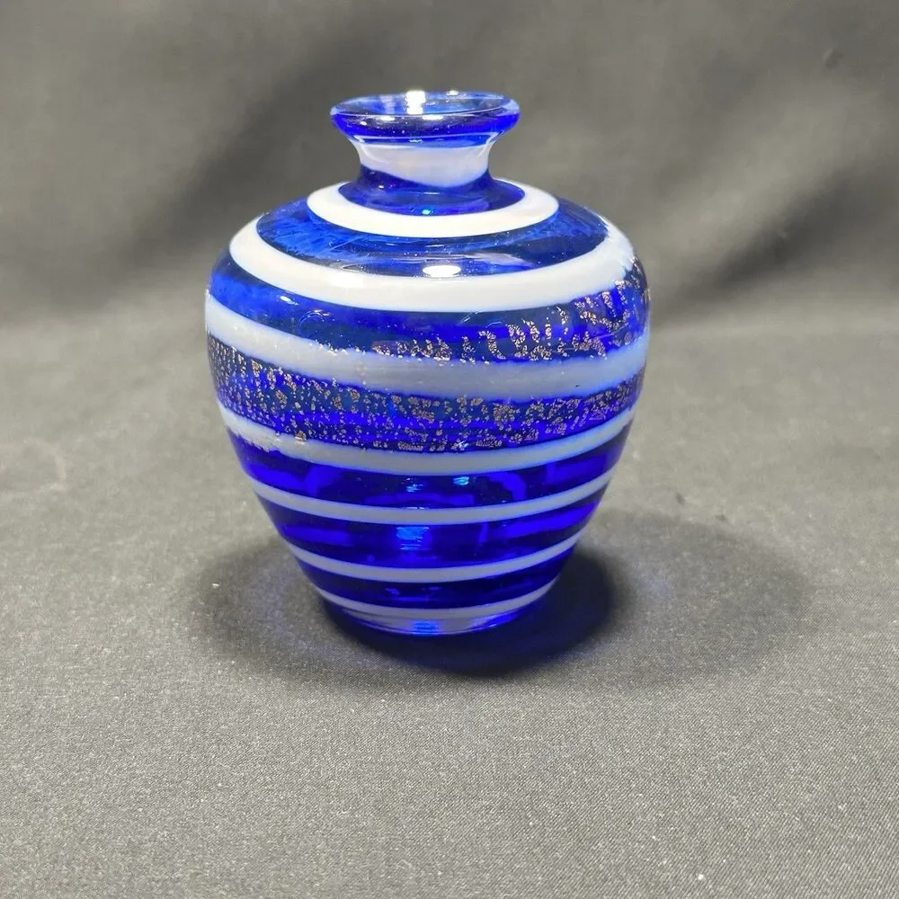 Bud Vase Cobalt Blue Art Glass White Swirl Gold Splat Mini 5oz 3.5x2.5xno Issues